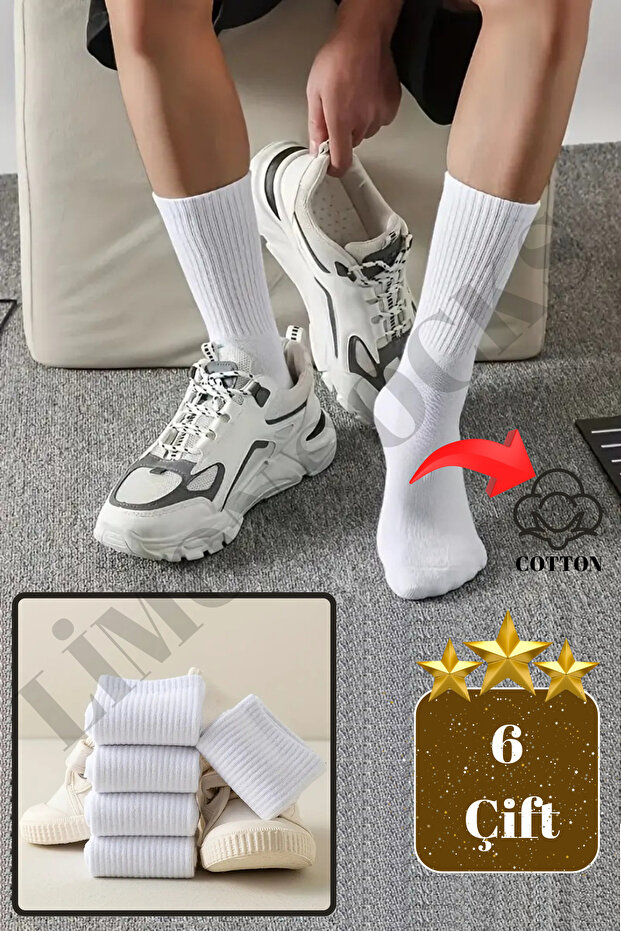 6 Pairs Tennis Socks Corded White Unisex - Premium Quality Socket Length Cotton Socks