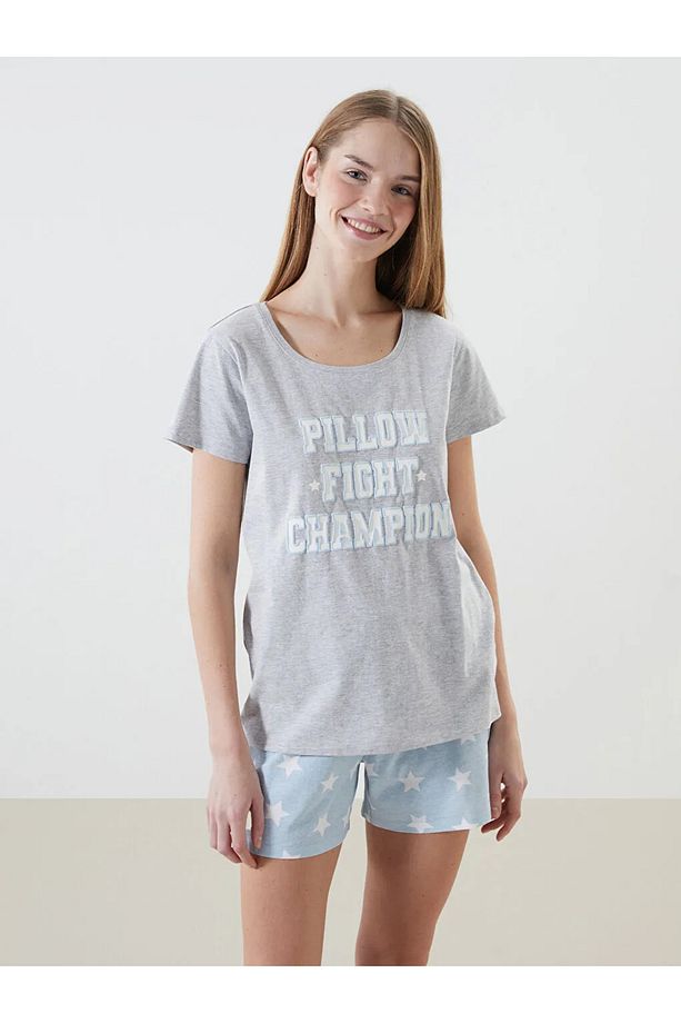 LCW DREAM Mavi Bisiklet Yaka Baskılı Kadın Şortlu Pijama Takımı - 2