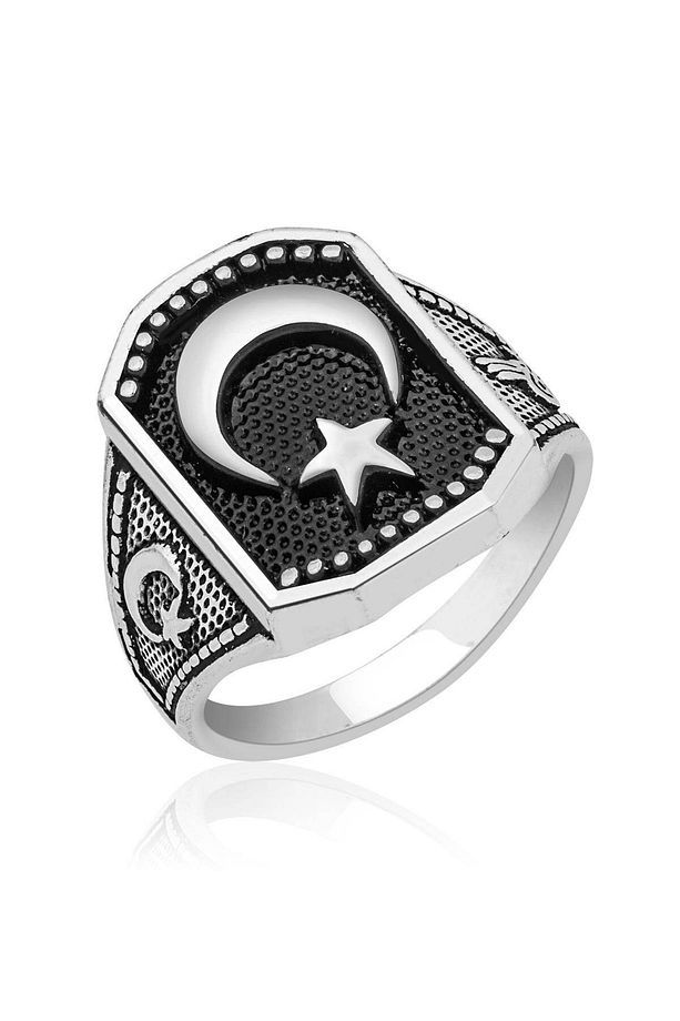 Gümüş Kaplama Ay Yıldız Erkek Yüzük ENG5858110 - 1