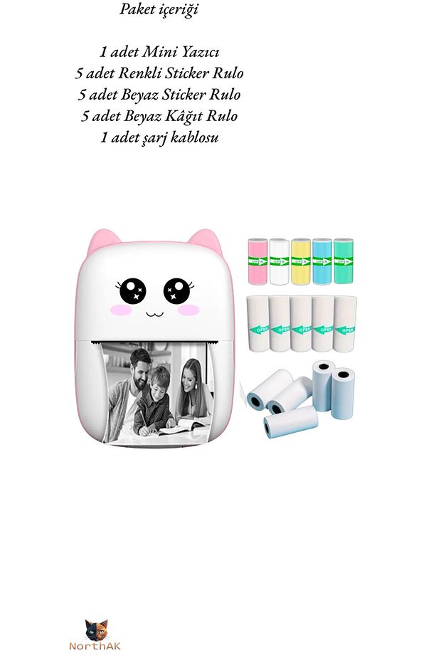 Pembe Mini Yazıcı ve 15 Yedek Rulo & Taşınabilir Mini Termal Yazıcı Bluetooth Bağlantılı - 1