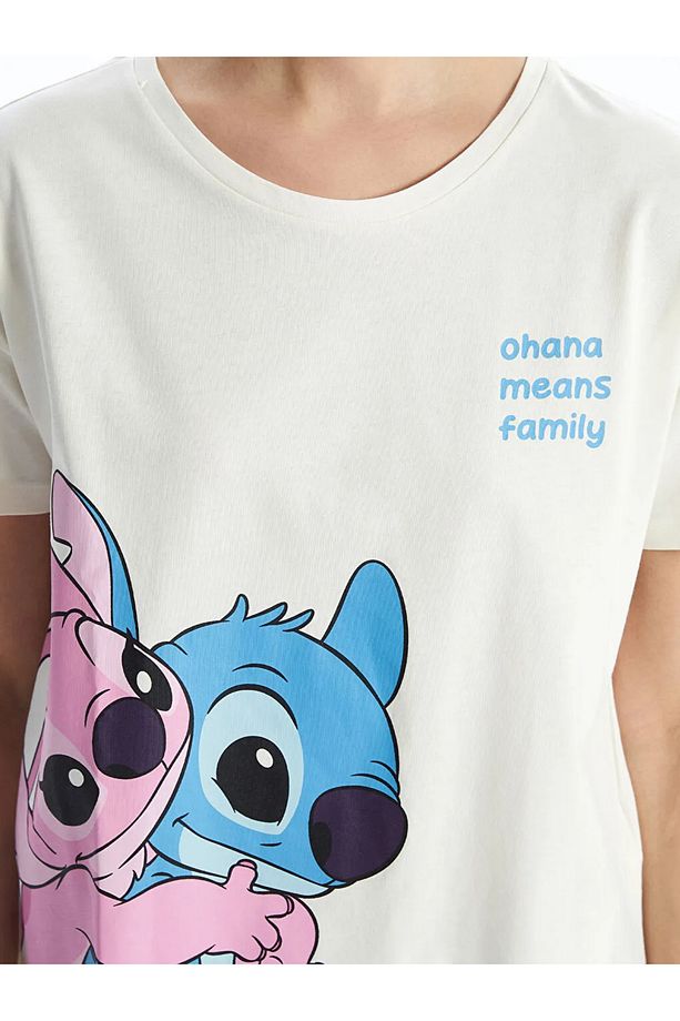 LCW Young Ekru Bisiklet Yaka Lilo & Stitch Baskılı Kadın Şortlu Pijama Takımı - 3