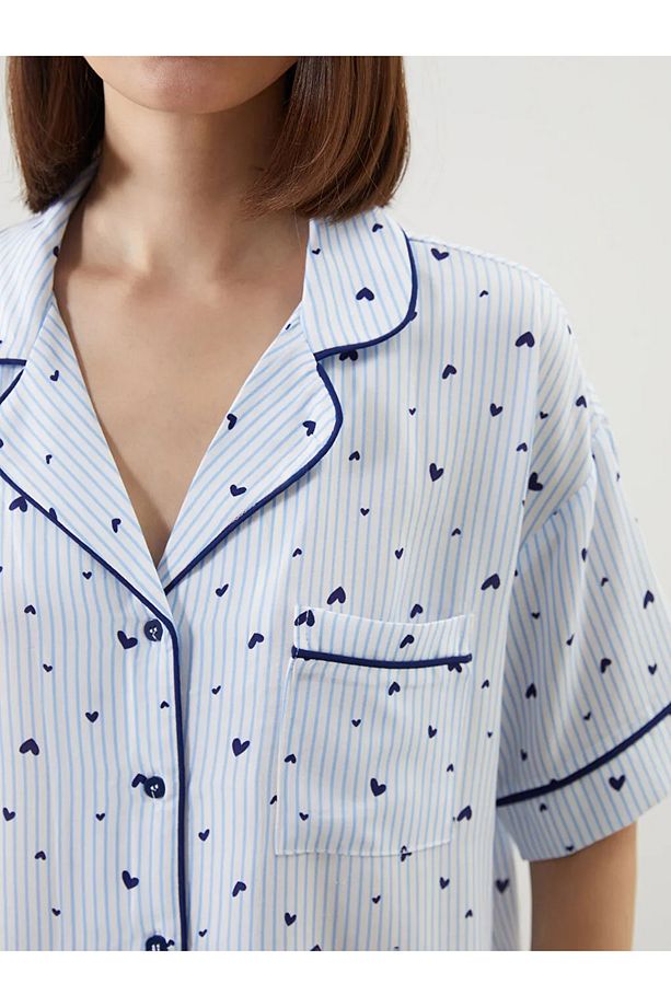 LCW DREAM Mavi Gömlek Yaka Desenli Kadın Şortlu Pijama Takımı - 3