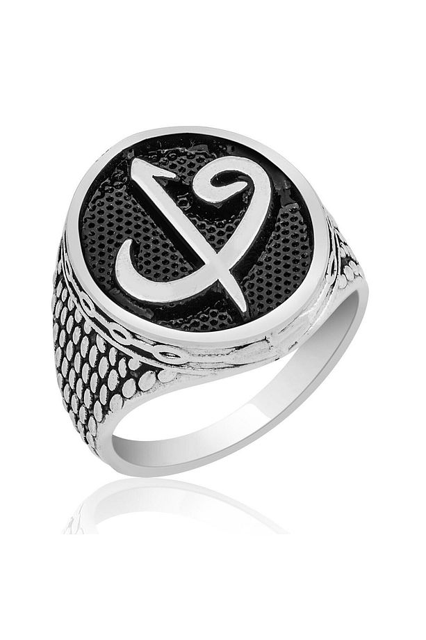 Gümüş Kaplama Elif Vav Motifli Erkek Yüzük ENG5858102 - 2