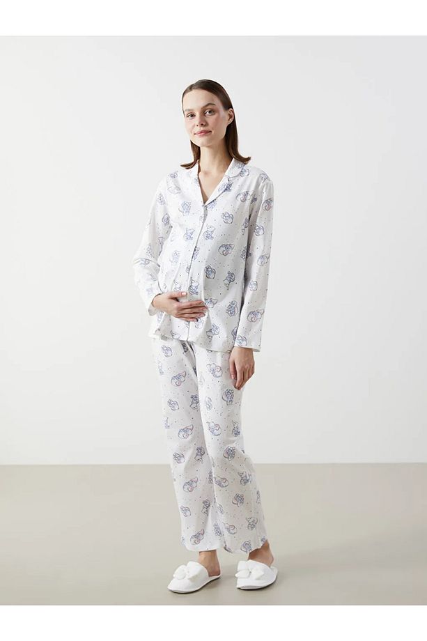LCW DREAM Ekru Gömlek Yaka Desenli Hamile Pijama Takımı - 1
