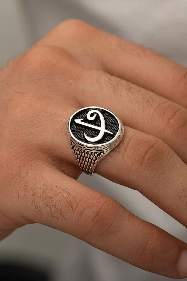 Gümüş Kaplama Elif Vav Motifli Erkek Yüzük ENG5858102 - 1