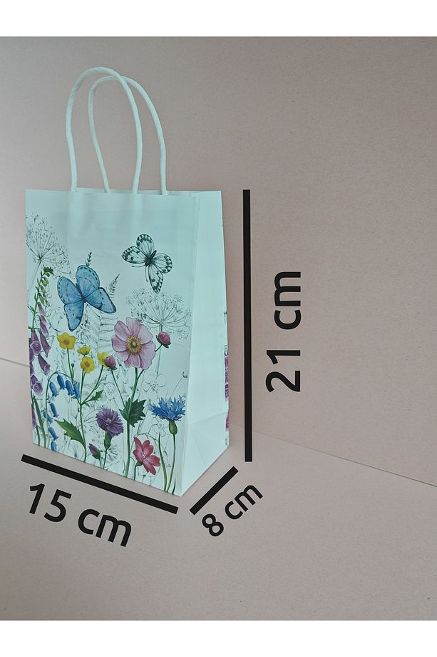 KELEBEK ÇİÇEK DESENLİ BÜKÜM SAPLI KAĞIT ÇANTA HEDİYE POŞETİ - 15x21x8 CM - 4 ADET - Ç091 - 8