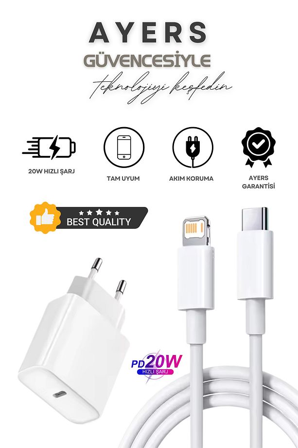 iPhone Tüm Serilere Uyumlu 20w Hızlı Şarj Seti Adaptör ve Type C Kablosu 7 8 X 11 12 13 14 Plus Pro - 1