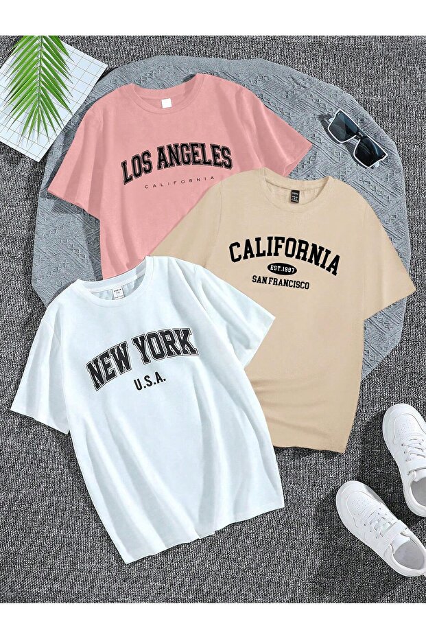 3-Pack Ny Calf La T-shirt - White Beige Pink Oversized Printed Crew Neck Printed Short Sleeve Loose