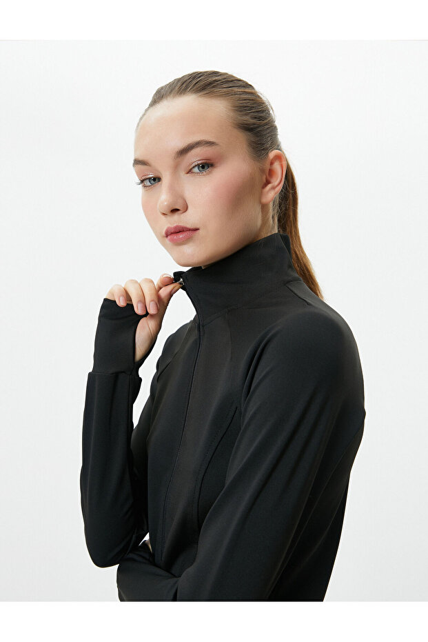 Zippered Sports Sweatshirt Slim Fit Stand Collar Pocket Long Sleeve