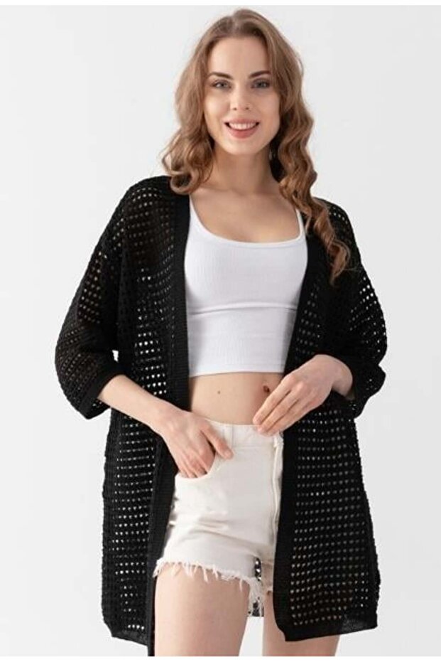Women's Perforated Knitwear Long Cardigan 91136 Black