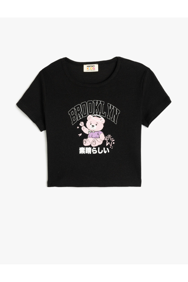 Teddy Bear Printed Crew Neck Black Girl's T-Shirt 5Skg10247Ak