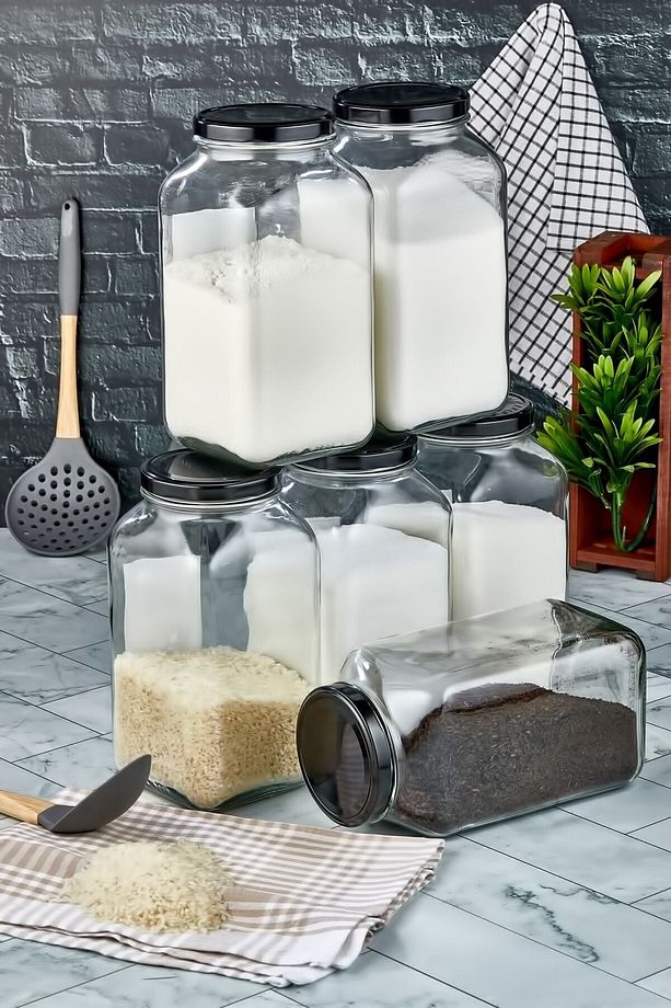 Etiketli 6'lı 3000 ml Cam Erzak Kavanozu Metal Kapaklı Saklama Kabı - 4