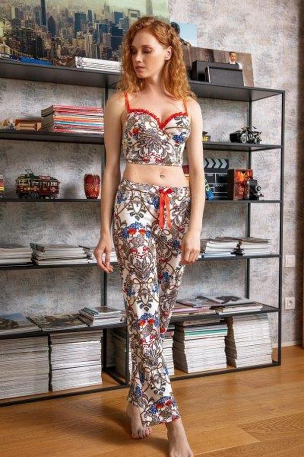 4159 Kadın Çiçekli Viskon Push Up Büstiyer Pijama Takım - 1
