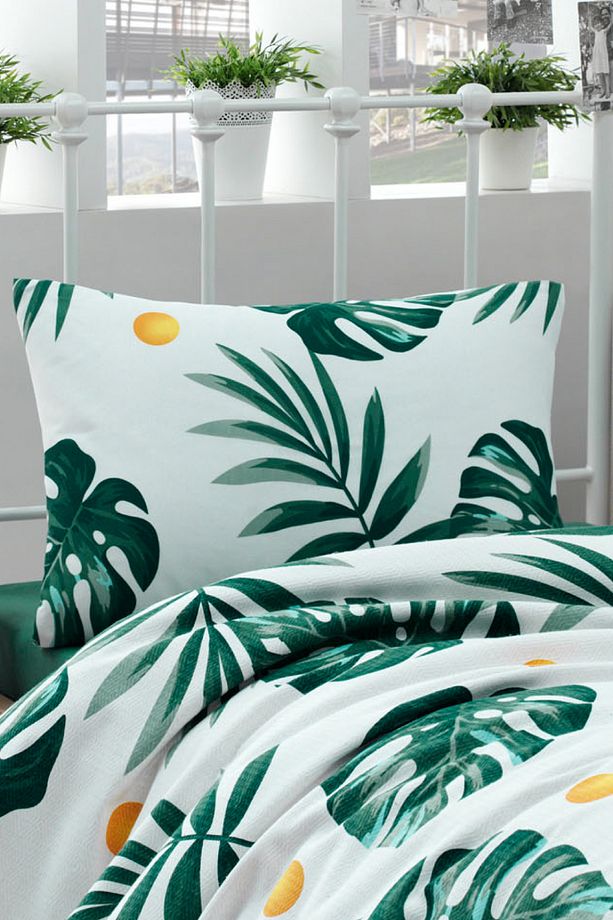 Tek Kişilik Baskılı Pike Takımı Monstera Yeşil - 4