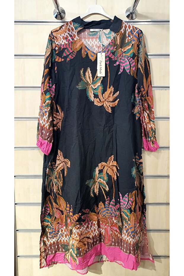 PALMİYE DESEN UZUN PAMUK ELBİSE - 1