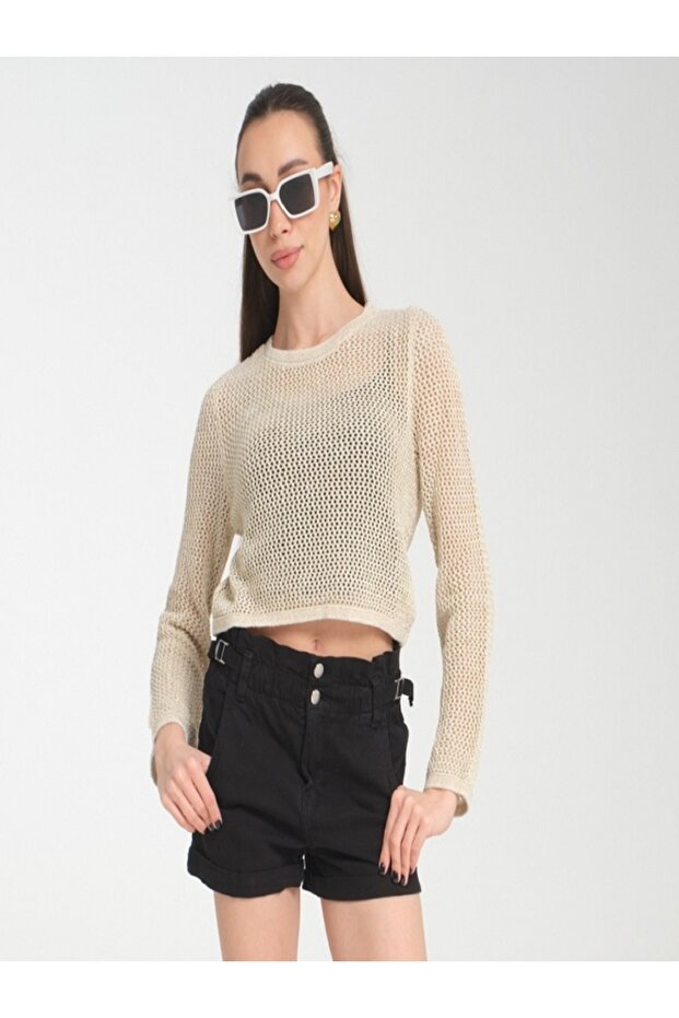 Glossy Textured Knitting Mesh Bluz