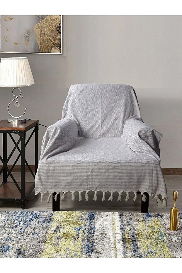 Buldan Work Arms Knitted Single Sofa Armchair Cover 180x150 Large Size 100% Cotton Woven - Light Gray