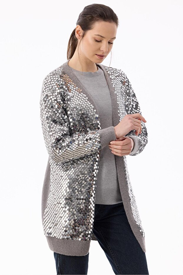 Payetli Triko Hırka GRİ-GRİ - 1