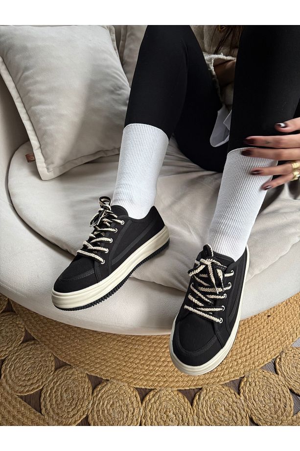 Kadın Siyah Yüksek Taban Sneaker 1. Kalite Keten Kumaş Bağcıklı Spor Ayakkabı (taban 4 Cm ) - 3