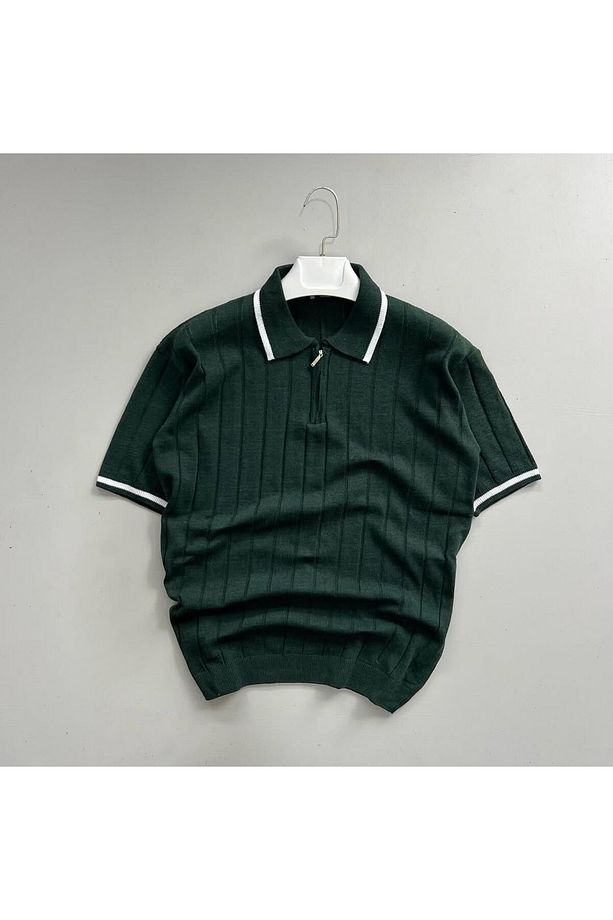 zümrüt yaka detaylı Örme Triko Tshirt - 1