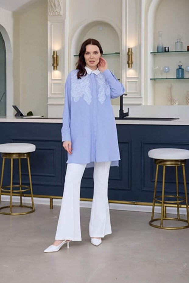 DANTEL DETAYLI ÇİZGİLİ GÖMLEK - 4