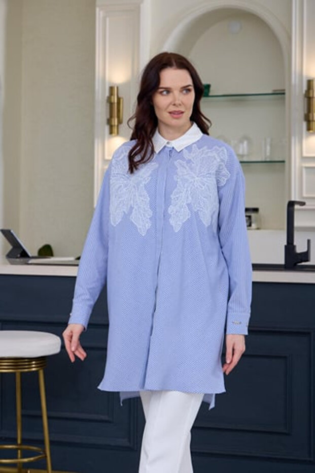 DANTEL DETAYLI ÇİZGİLİ GÖMLEK - 1