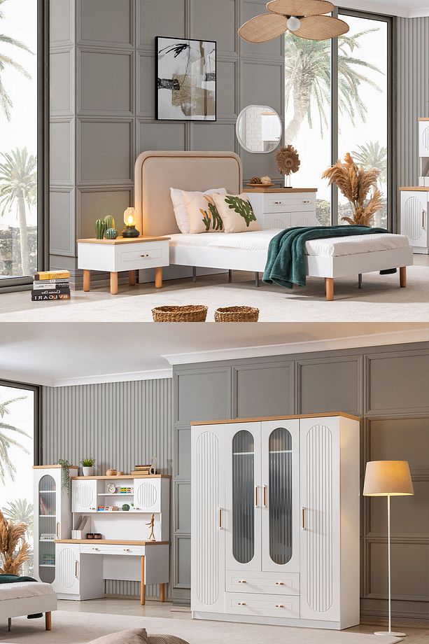 Vita Bohem Genç Odası - 4 Kapaklı Dolap, Karyola, komodin, Çalışma Masası, şifonyer, Kitaplık - 1