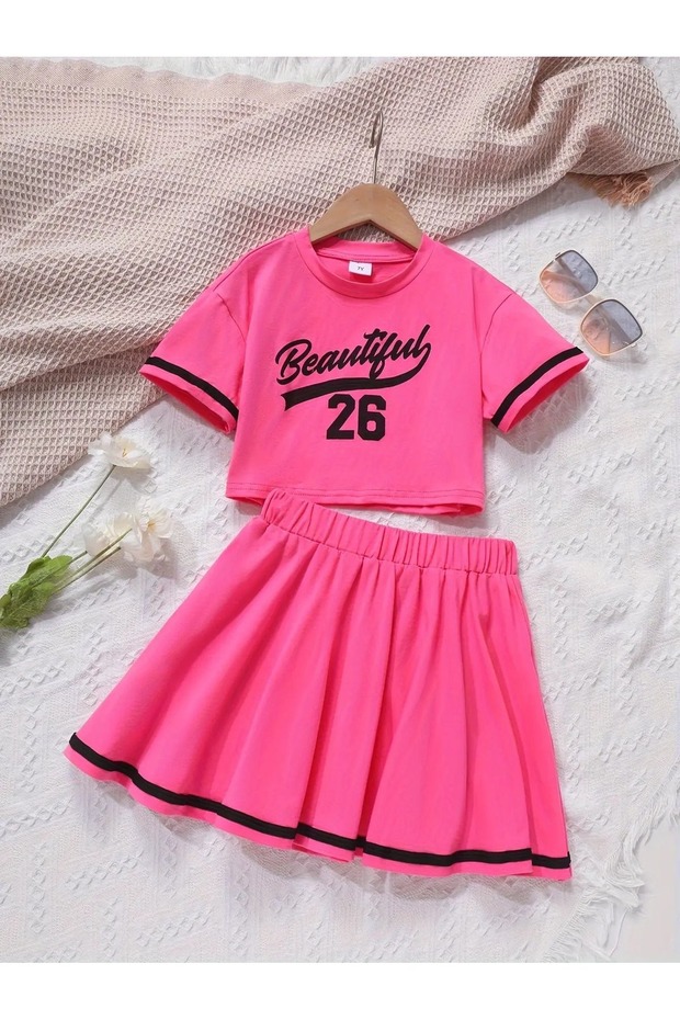 Girl's Beautiful Printed Crop T-Shirt - Skirt Set