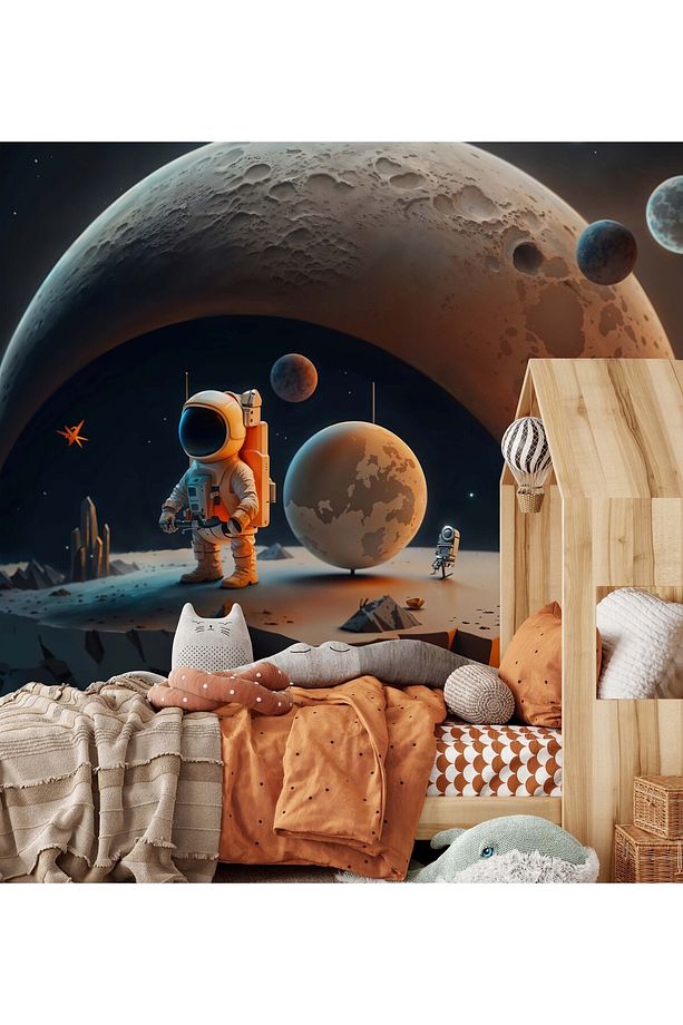 Astronot ve Ay Uzay Boşluğunda Gezegenler Yapay Zeka Çocuk Odası Duvar Kağıdı - 4