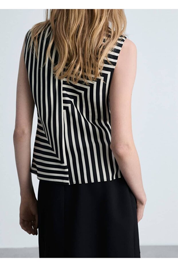 Çizgili Perkins yaka bluz - 4