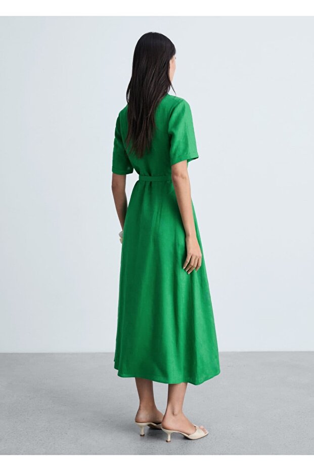 Kemerli keten elbise - 4