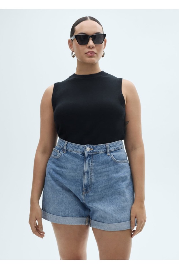 Yüksek bel mom-fit denim şort - 5