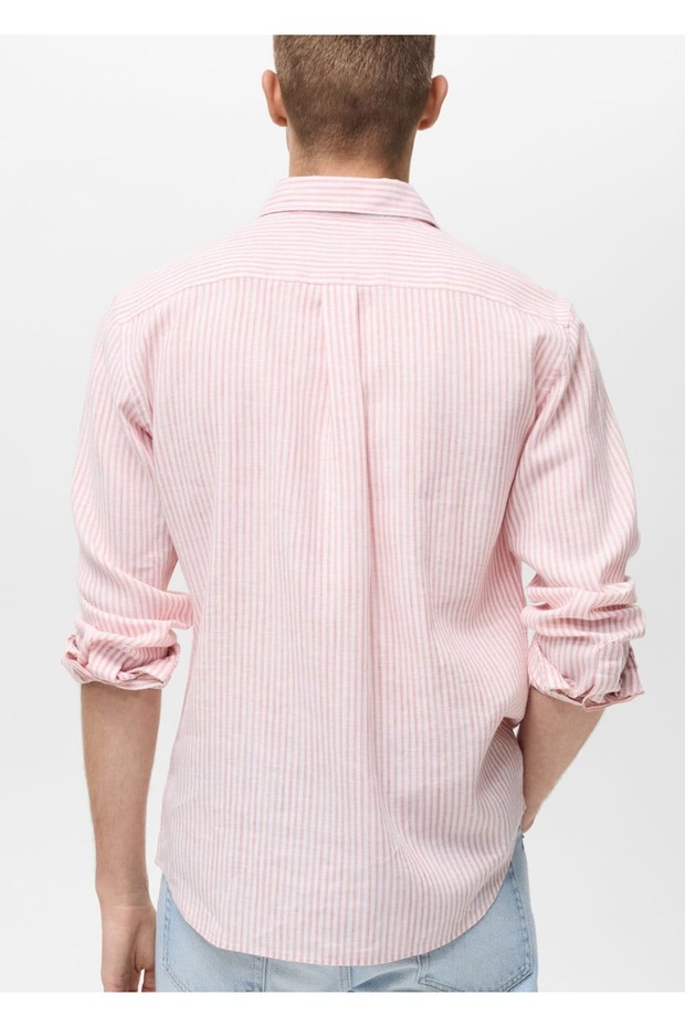 Regular fit çizgili keten gömlek - 4