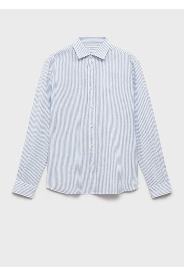 Regular fit çizgili keten gömlek - 3
