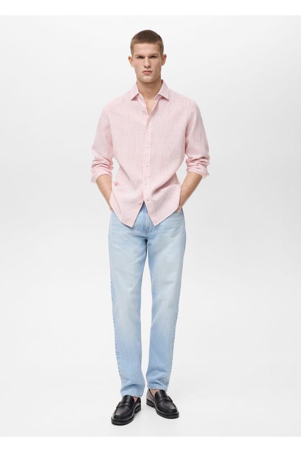 Regular fit çizgili keten gömlek - 2