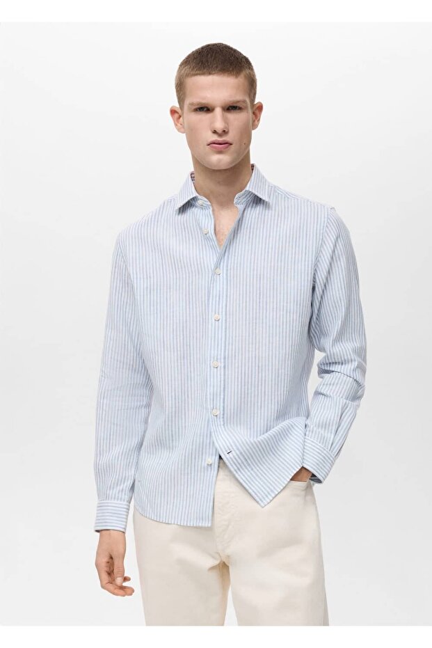 Regular fit çizgili keten gömlek - 1