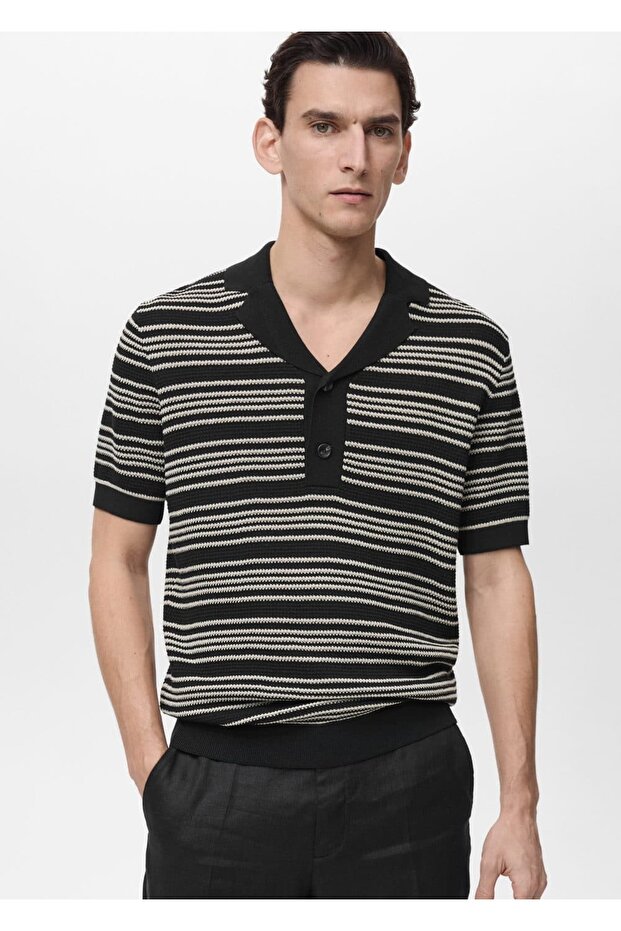 Triko çizgili polo gömlek - 1
