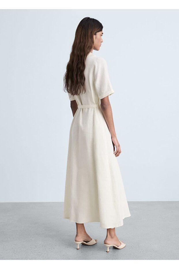 Kemerli keten elbise - 4