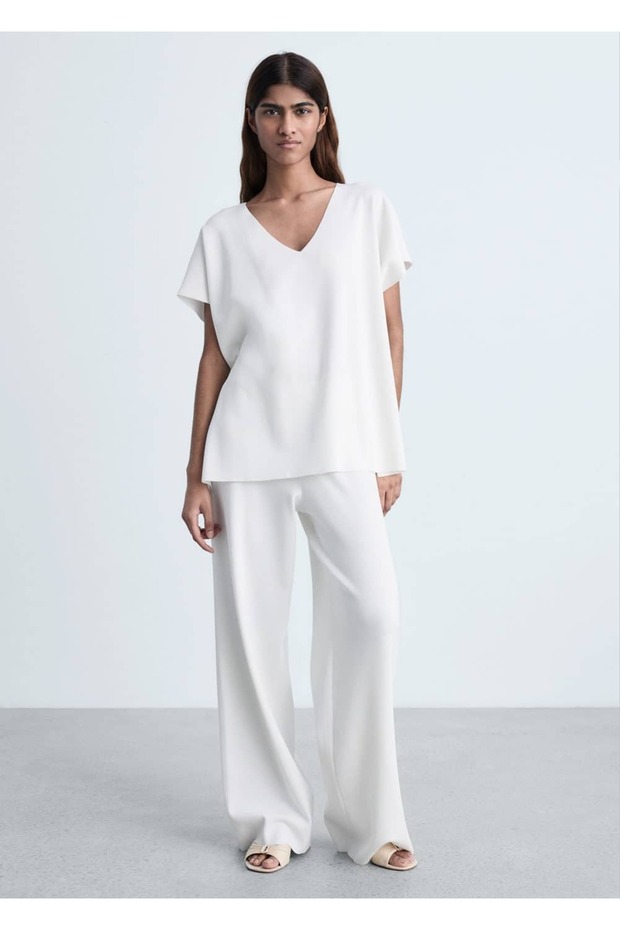 V yakalı triko bluz - 2