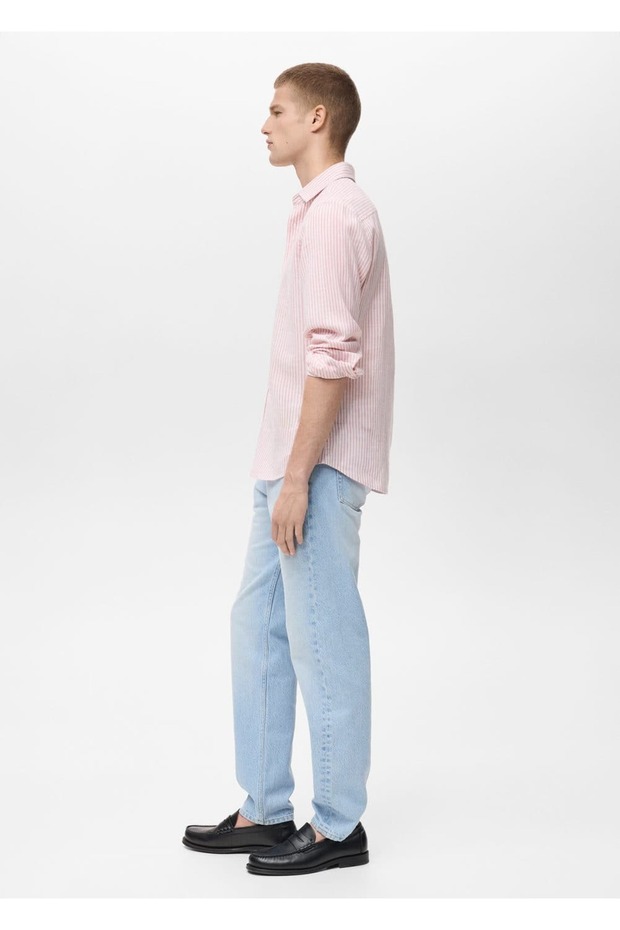 Regular fit çizgili keten gömlek - 7