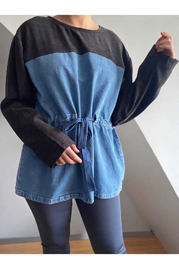 Kumaş Garnili Kot Sweatshirt - 5