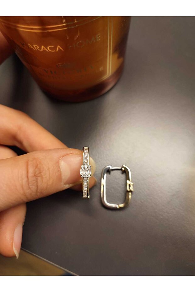 Saşa Gold Silver Detailed Stone 316 L Steel Earrings