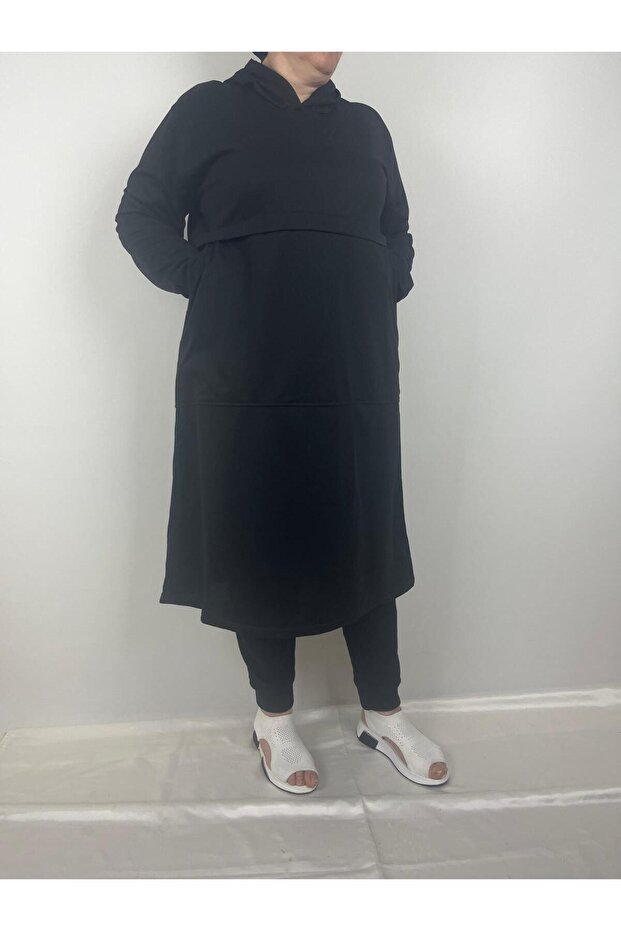 Women's Black Robe Two Side Whole Pocket Hooded Long Sleeve Two Thread Tunic
