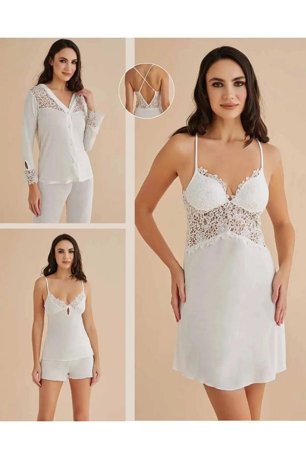 Kadın Ekru 6'lı Penye Kısa Gecelik Sabahlık Şortlu Pijama Takımı R.o.z.4.6.2.5.e.l.t - 2