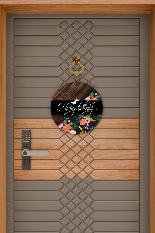 Modern Dijital Baskı Ahşap Siyah Çiçekli Hoşgeldiniz Kapı Süsü - 2