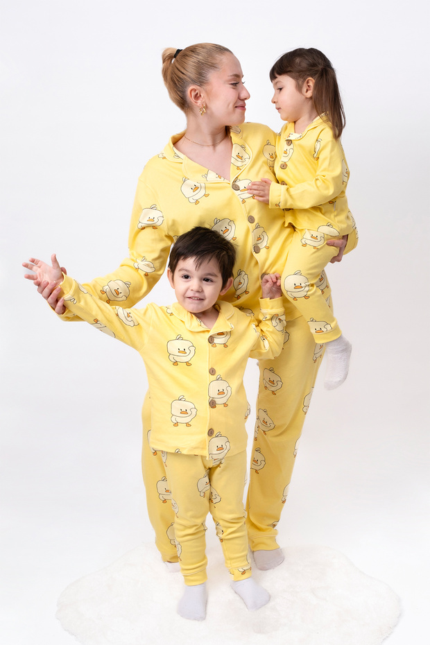 100% Cotton Mother Baby Kids Pajama Set with Duck Button Detail and Patterned Design (Sold in All Sizes Separately)