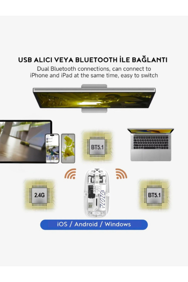 Şarjlı Kablosuz Mouse Şeffaf Tasarım Bluetooth + USB Çift Mod - 4