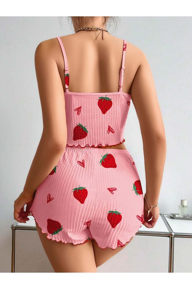 PEMBE ÇİLEK BASKILI ŞORT CROP GECELİK PİJAMA TAKIMI - 2