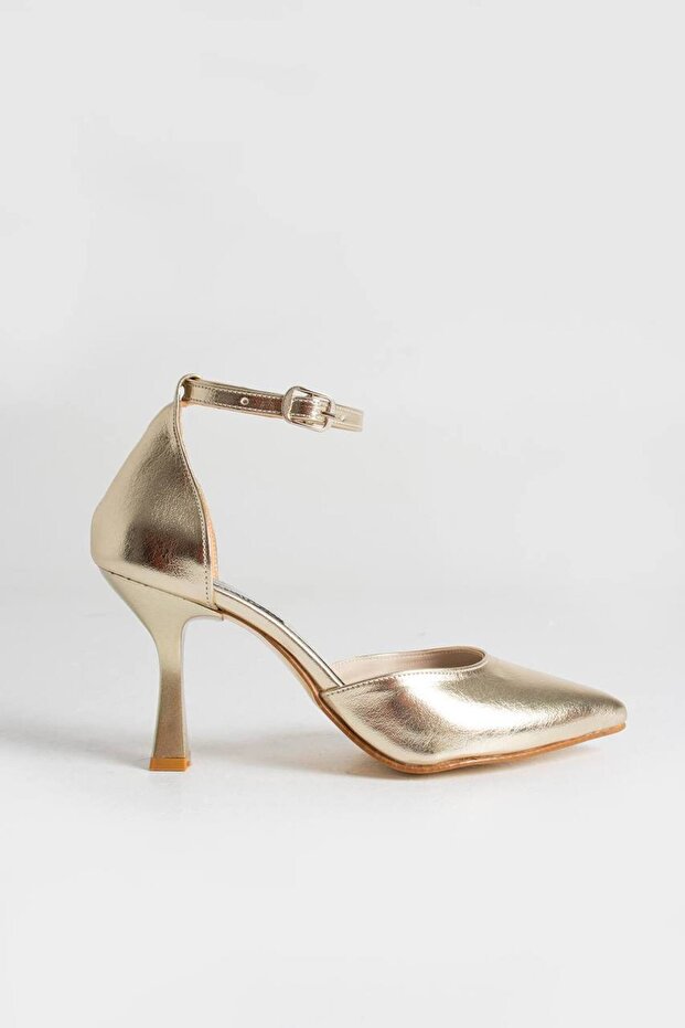 Ankle Strap Goblet Heeled Gold Shoes