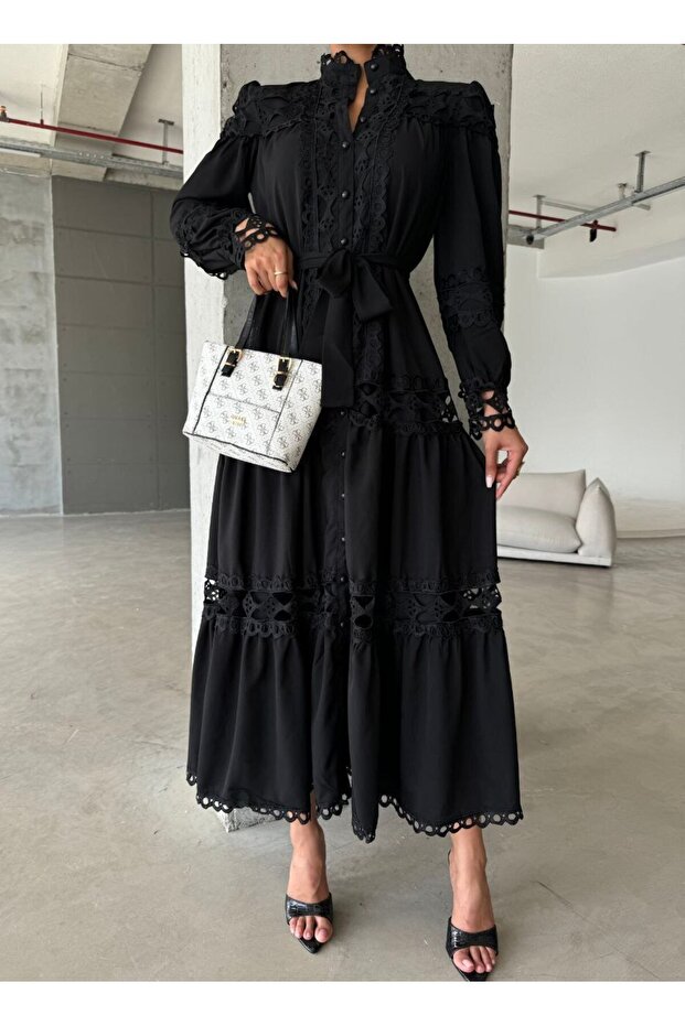 Black Poplin Dress with Lace Trim